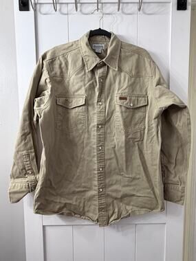 CARHARTT Vintage Shirt Beige Casual Workwear Snap Outdoor Brushpopper Mens L EUC